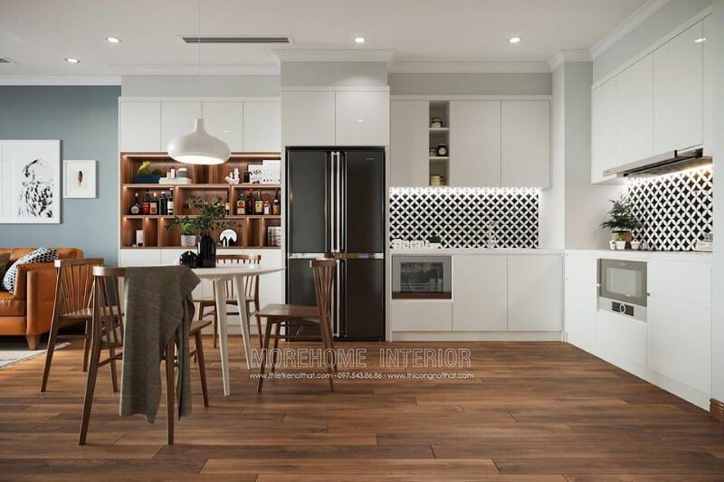 Hệ thống bếp được thiết kế với chất liệu gỗ công nghiệp thiết kế hiện đại và tiện nghi