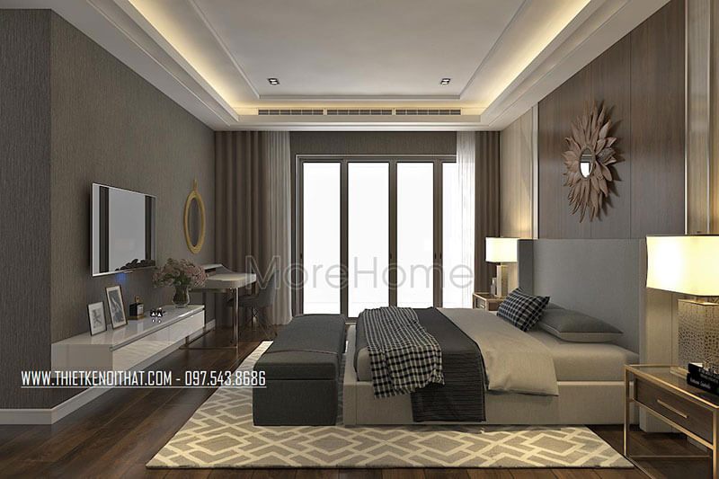 Phòng ngủ Master được thiết kế đơn giản với tông màu xám giữ nguyên vẻ đẹp huyền bí và nhẹ nhàng.