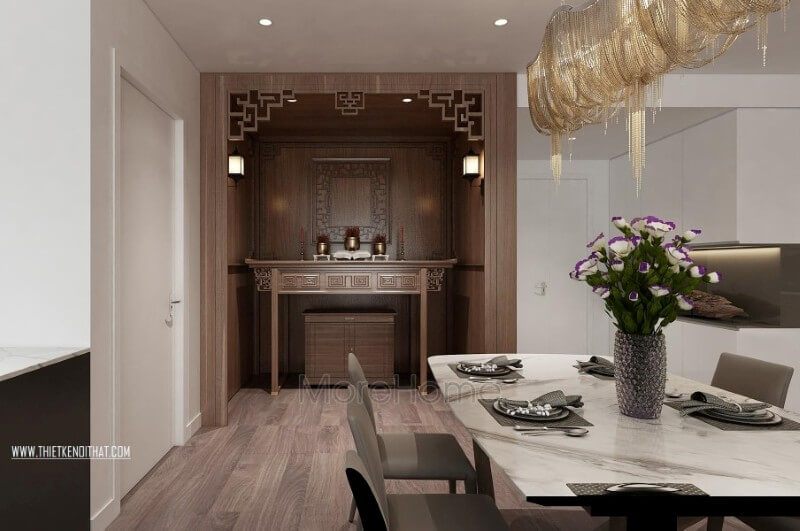 . Tủ thờ hiện đại của gỗ công nghiệp được đặt ở vị trí trung tâm của ngôi nhà, điều này góp phần tạo nên một không gian sống thân thiện, tạo nên một không khí tốt lành và thể hiện lòng thành kính của gia chủ đối với những người đã khuất trong gia đình.